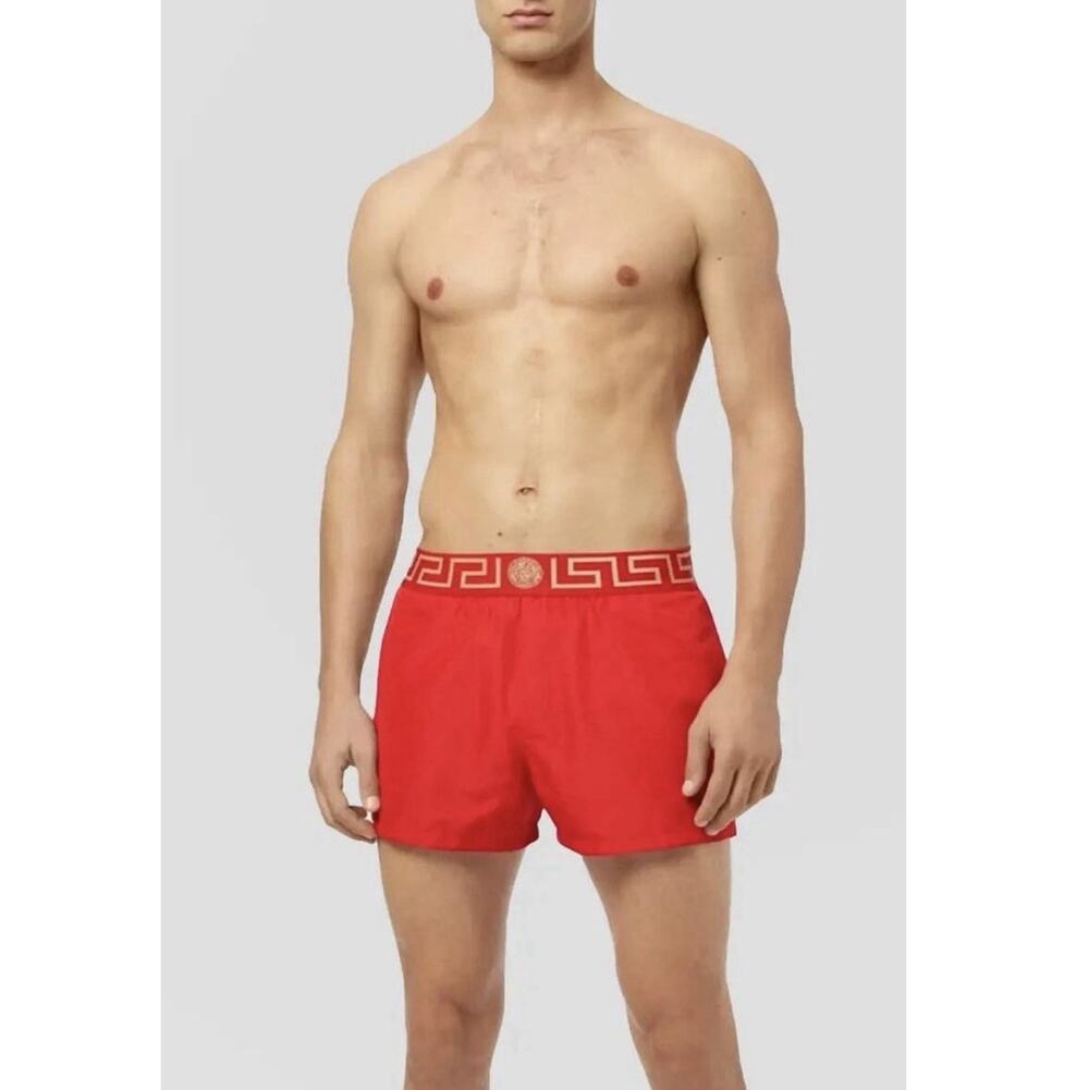NWT Versace Greca Border Swim Shorts IT 7 US XL Red Medusa Logo Elastic Waist